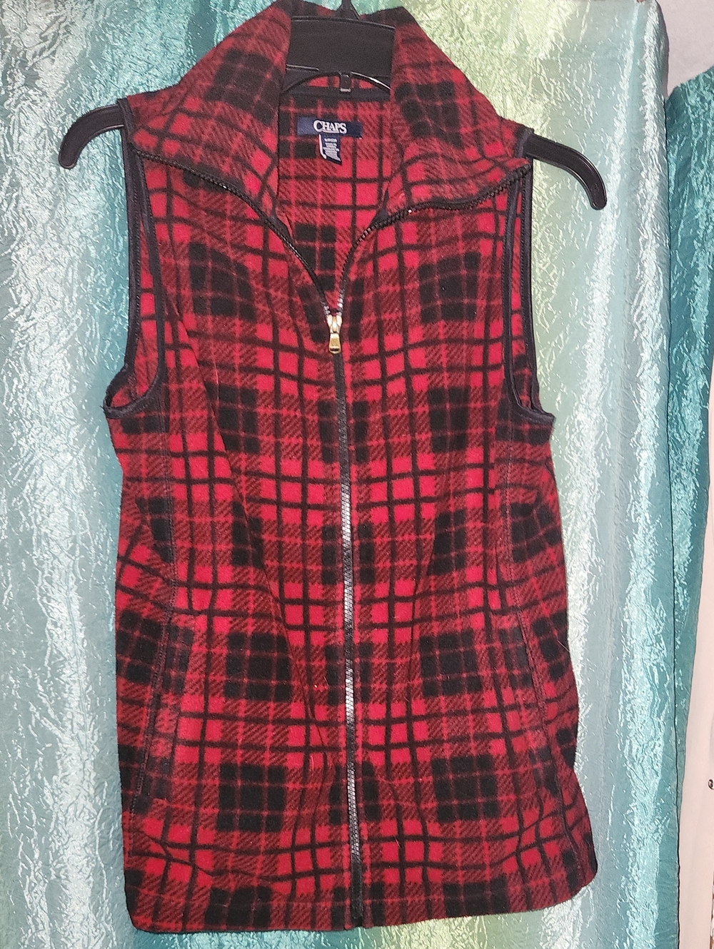 Chaps Red and Black Plaid Fleece Zip-Up Vest